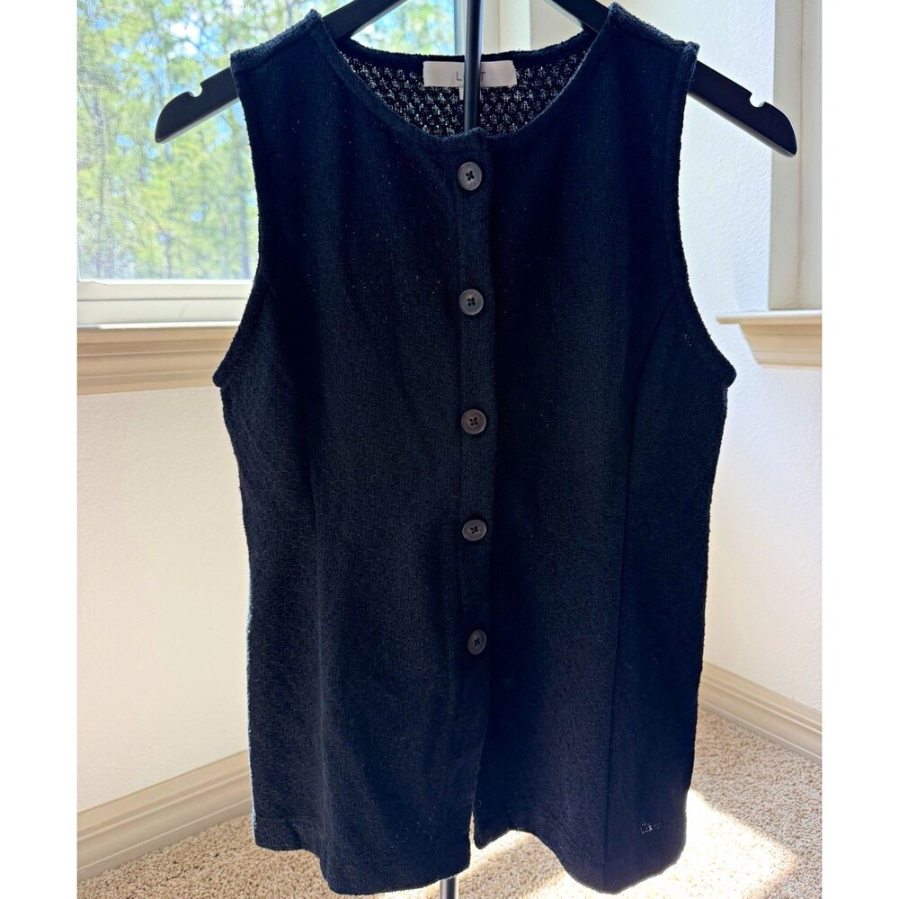 LOFT Black Solid Knit Sleeveless Button-Front Round Neck Sweater Vest S